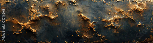 An intriguing abstract texture of golden splashes on a black backdrop, resembling a luxurious, marbled surface