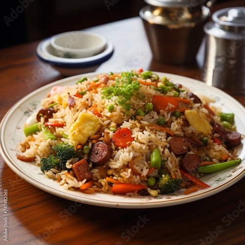 Traditional Indonesian food, spicy fried rice with various complementary vegetables that add flavor, served on a plate