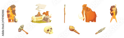 Stone Age Primitive Object and Elements Vector Set