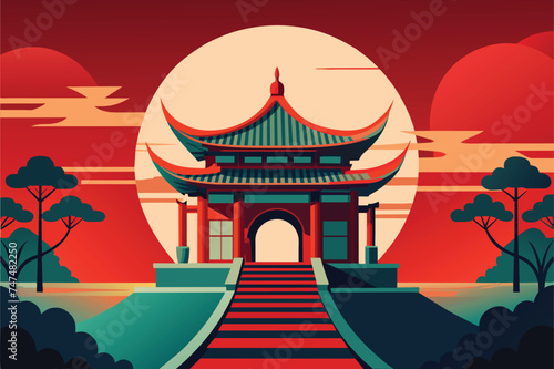 Chinese temple in the Morning vector illustration, Japanese building vector