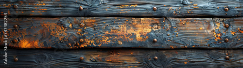 Close up of aged wooden planks with rustic charm and vibrant orange accents, illustrating texture and time