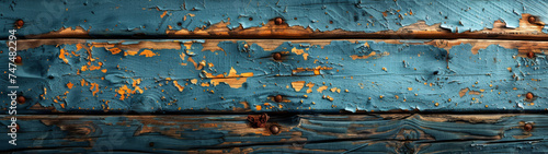 This rustic image showcases an aged blue wooden surface with peeling paint, highlighting textures that evoke nostalgia and time's passage photo