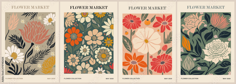 Set of abstract Flower Market posters. Trendy botanical wall arts with floral design in danish pastel colors. Modern naive groovy funky interior decorations, paintings. Vector art illustration. - obrazy, fototapety, plakaty 