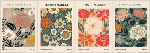 Set of abstract Flower Market posters. Trendy botanical wall arts with floral design in danish pastel colors. Modern naive groovy funky interior decorations, paintings. Vector art illustration. photo