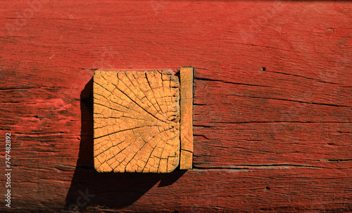 Joinery joints or Blind Mortise and Tenon joints on ancient wood, Joint parts of some wooden construction, Detail view of wood joint. photo