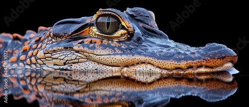 a close up of an alligator's face with a reflection in the water on a black surface with a black background.