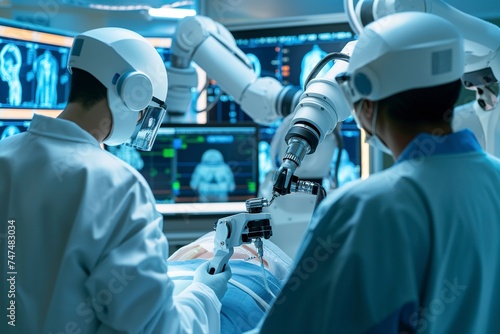 Group of doctors analyzing a high precision programmable robot in a hospital setting.
