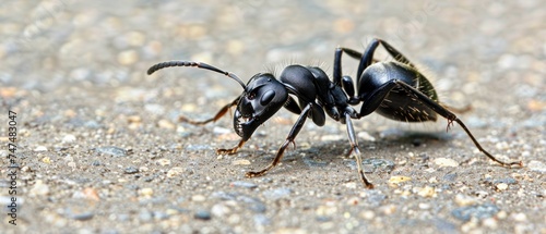 a close up of a black ant bug on the ground with it's head turned towards the camera lens. © Jevjenijs