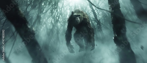 a bigfoot standing in the middle of a forest in a foggy forest with lots of trees and branches. photo