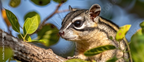 a close up of a small animal sitting on a tree branch with leaves in the foreground and a blue sky in the background.