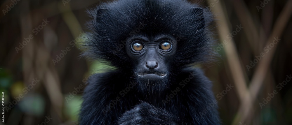 a close up of a black monkey looking at the camera with a surprised look on its face and a bush in the background. a close up of a black monkey looking at the camera with a surprised look on its face and a bush in the background.