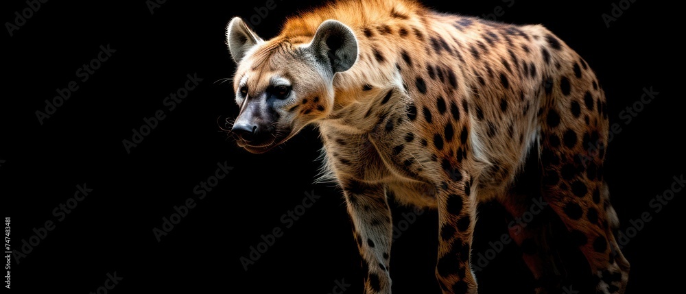a close up of a hyena on a black background with a blurry image of the hyena.