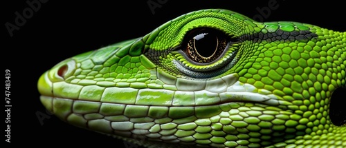 a close - up of a green lizard's face with a black back ground and a black back ground.