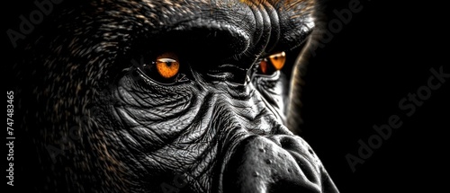 a close up of a gorilla's face with an orange - eyed look on it's left eye. photo