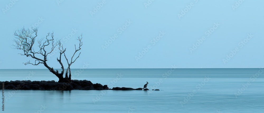 a lone tree sitting on a rock in the middle of a body of water with a bird perched on top of it. a lone tree sitting on a rock in the middle of a body of water with a bird perched on top of it.