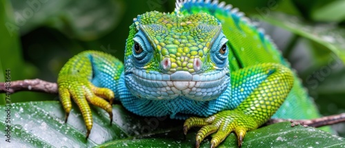 a close up of a green and blue lizard on a branch of a plant with drops of water on it.