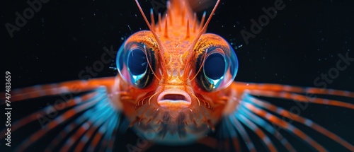 a close up of a fish's face with blue and orange stripes on it's body and eyes.
