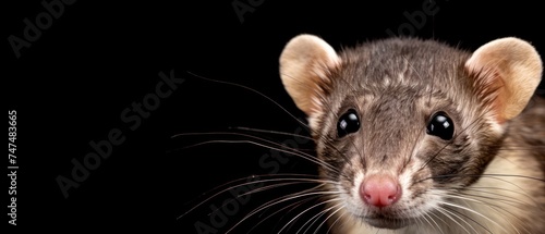 a close up of a small animal on a black background with a blurry look on it's face.