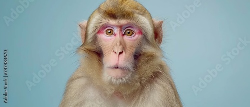 a close up of a monkey's face with a pink spot on it's cheek and a blue background. photo