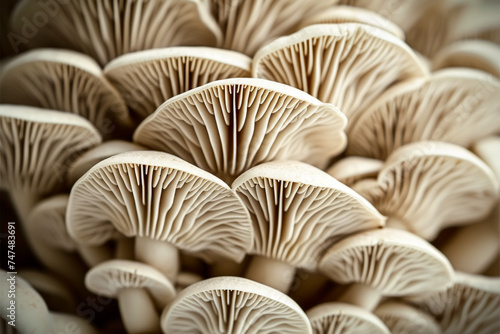 Mycelium with mushrooms, bottom view. Background with selective focus and copy space