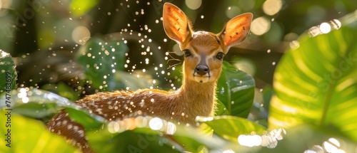 a close up of a deer in a forest with lots of water coming out of it's antlers. © Jevjenijs