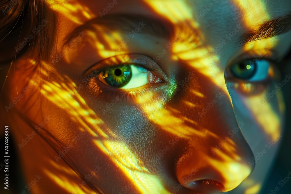 Womans face with striking green eyes in close-up view. Womans face with striking green eyes in close-up view.