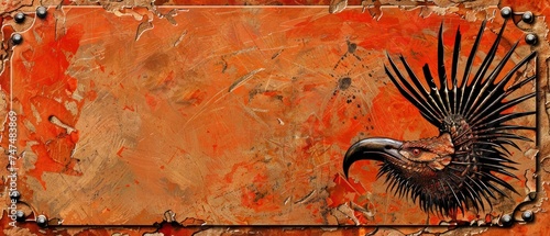 a painting of a bird on a rusted metal frame with a grungy design on the back of it. photo