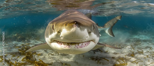 a close up of a shark with it's mouth open and it's mouth wide open in the water. © Jevjenijs