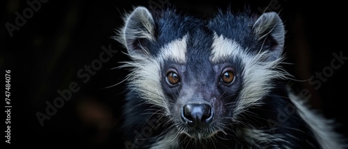 a close up of a small animal with white and black stripes on it's face and a black background.