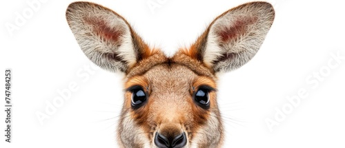 a close up of a kangaroo's face with a surprised look on it's face, against a white background. photo