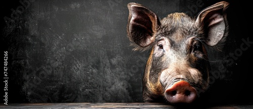 a close up of a pig's face on a black background with a wooden table in front of it. photo