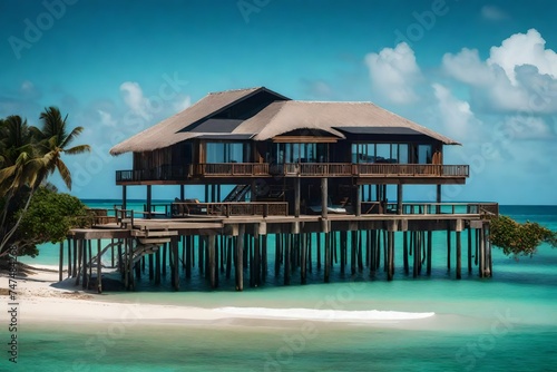 a beach house on stilts, perched over the water © Rao