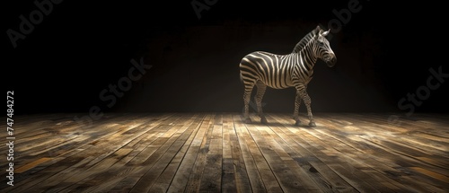 a zebra standing on top of a wooden floor in the middle of a dark room with a light shining on it.