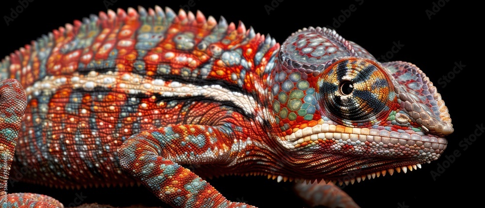 a close up of a colorful chamelon on a black background with a blurry image of the chamelon. a close up of a colorful chamelon on a black background with a blurry image of the chamelon.