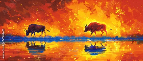 a painting of two bulls walking across a body of water in front of an orange and yellow fire filled sky.