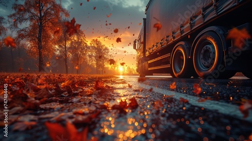 a cargo truck on the road at sunset in autumn