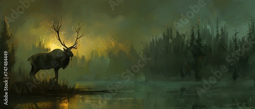 a painting of a deer standing in the middle of a forest with a lake in the foreground and trees in the background.