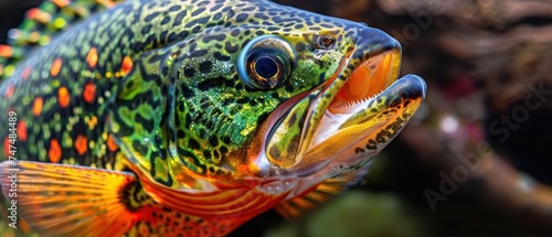 a close up of a multicolored fish with it s mouth open and it s tongue out.