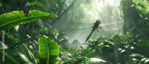 a dragon flys through the jungle on a sunny day with sunbeams in the foreground and green leaves in the foreground. photo