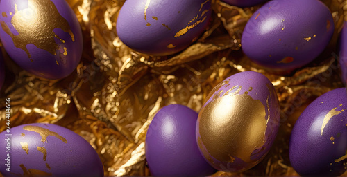 Easter eggs in purple shade on a gold foil background