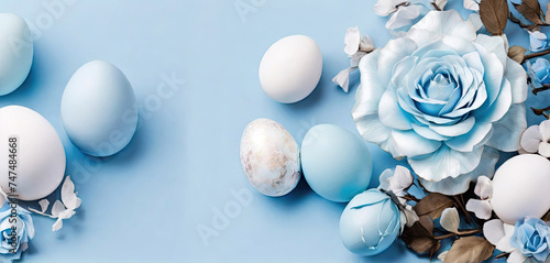 Composition of Easter eggs and rosebuds on a blue background photo