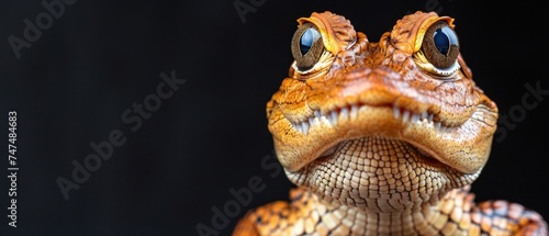 a close up of a lizard's face with its eyes wide open and looking at the camera with a black background. photo