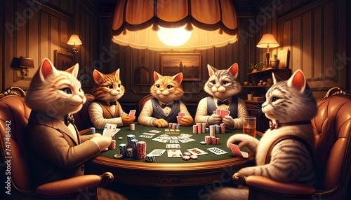 Anthropomorphic cats engaged in a poker game, in a vintage-style room, AI-generated.