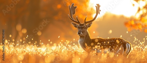 a close up of a deer in a field of grass with the sun shining through the trees in the background.