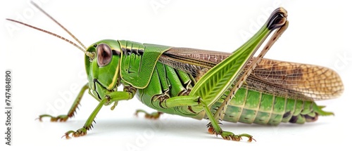 a close up of a grasshopper insect on a white background with a light reflection in it's eyes.