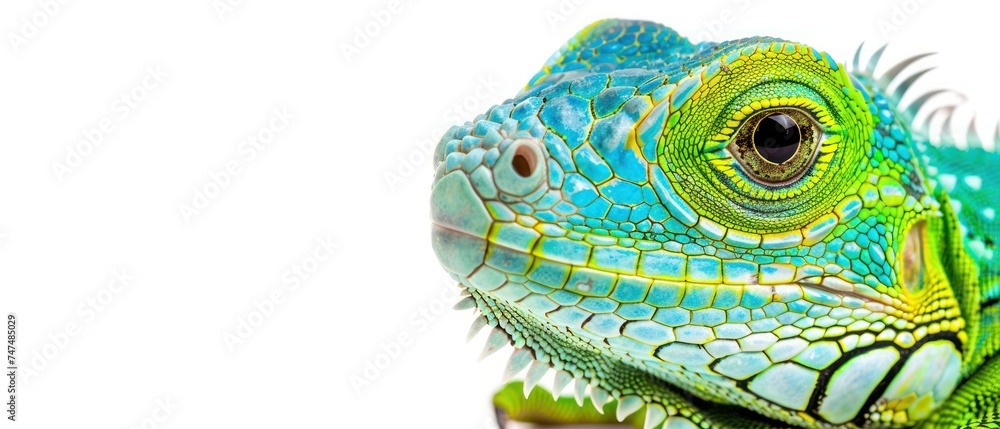 a close up view of a green and blue lizard's head with spikes on it's head, on a white background.