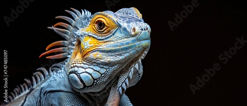 a close up of an iguana's head with yellow and blue feathers on it's head. photo