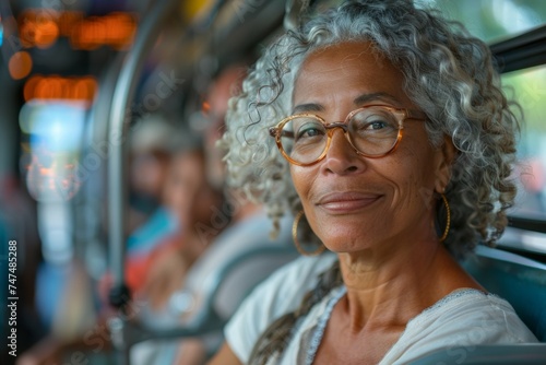 An African American woman travels on public transport from work. Background with selective focus and copy space