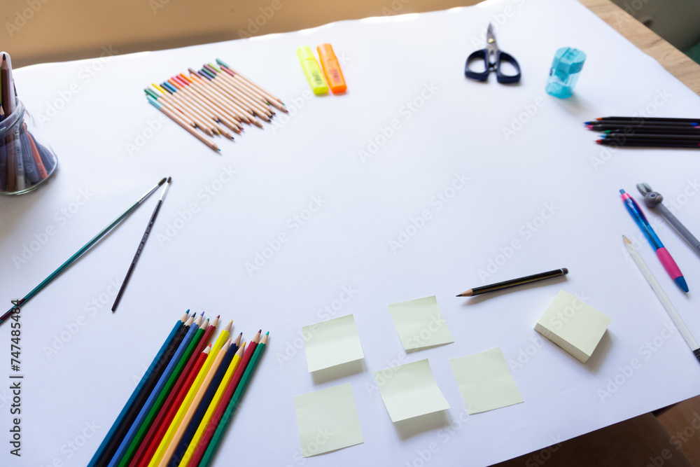 School accessories on a white background with copy space. view from above, top view. Concept for back to school School accessories on a white background with copy space. view from above, top view. Concept for back to school