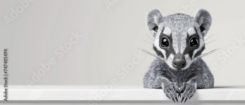 a close up of a raccoon behind a white wall looking at the camera with a surprised look on its face.